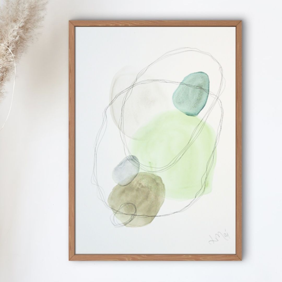 Original akvarel 30x40 cm med grøn ellipse og bløde farveovergange, moderne abstrakt udtryk.