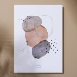 Kunstplakat i A3 og 50x70 cm med motivet Jordfarvet ellipse i sarte brune og sorte nuancer med mystisk og roligt udtryk, tryk af originalt værk.