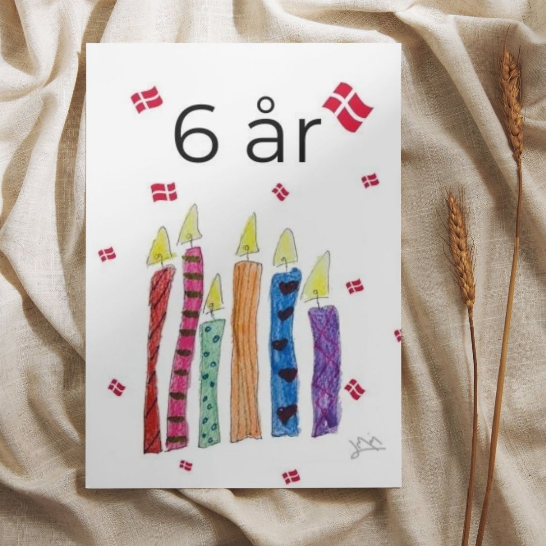 Fødselsdagskort 6 år – A6 akvarel fødselsdagskort